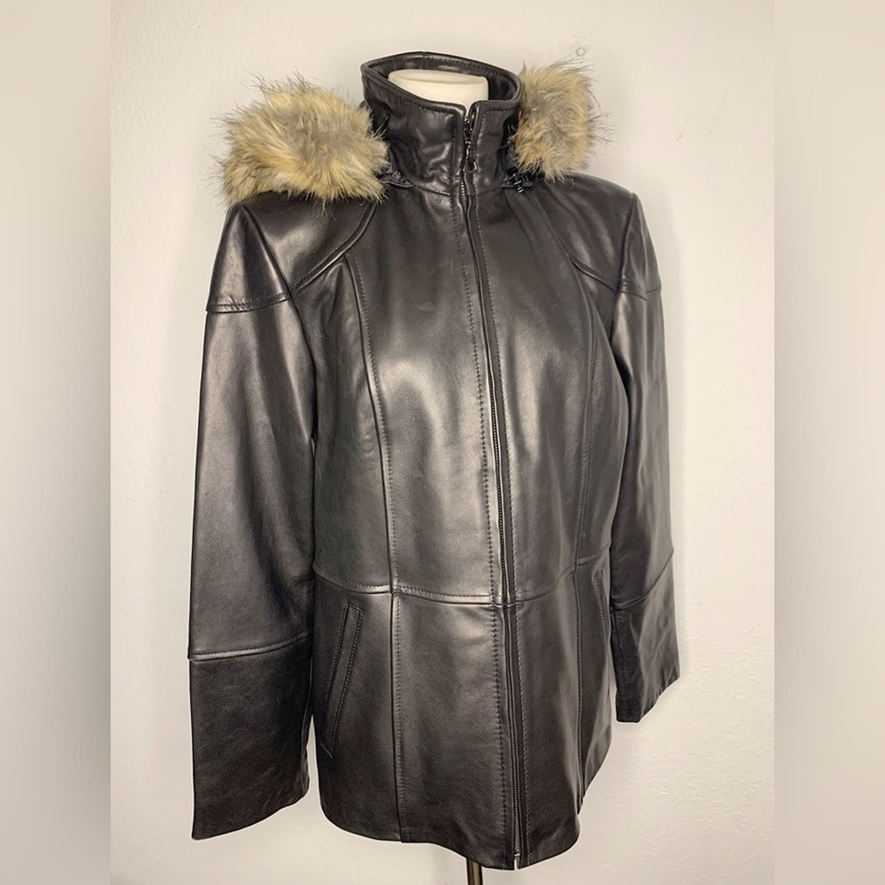 WORTHINGTON Genuine Lambskin Leather Black Zip-Up Jacket Oversized Faux Fur Hood - Picture 1 of 9
